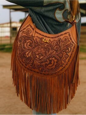Fringed Tooled Leather Hobo Bag - Brown